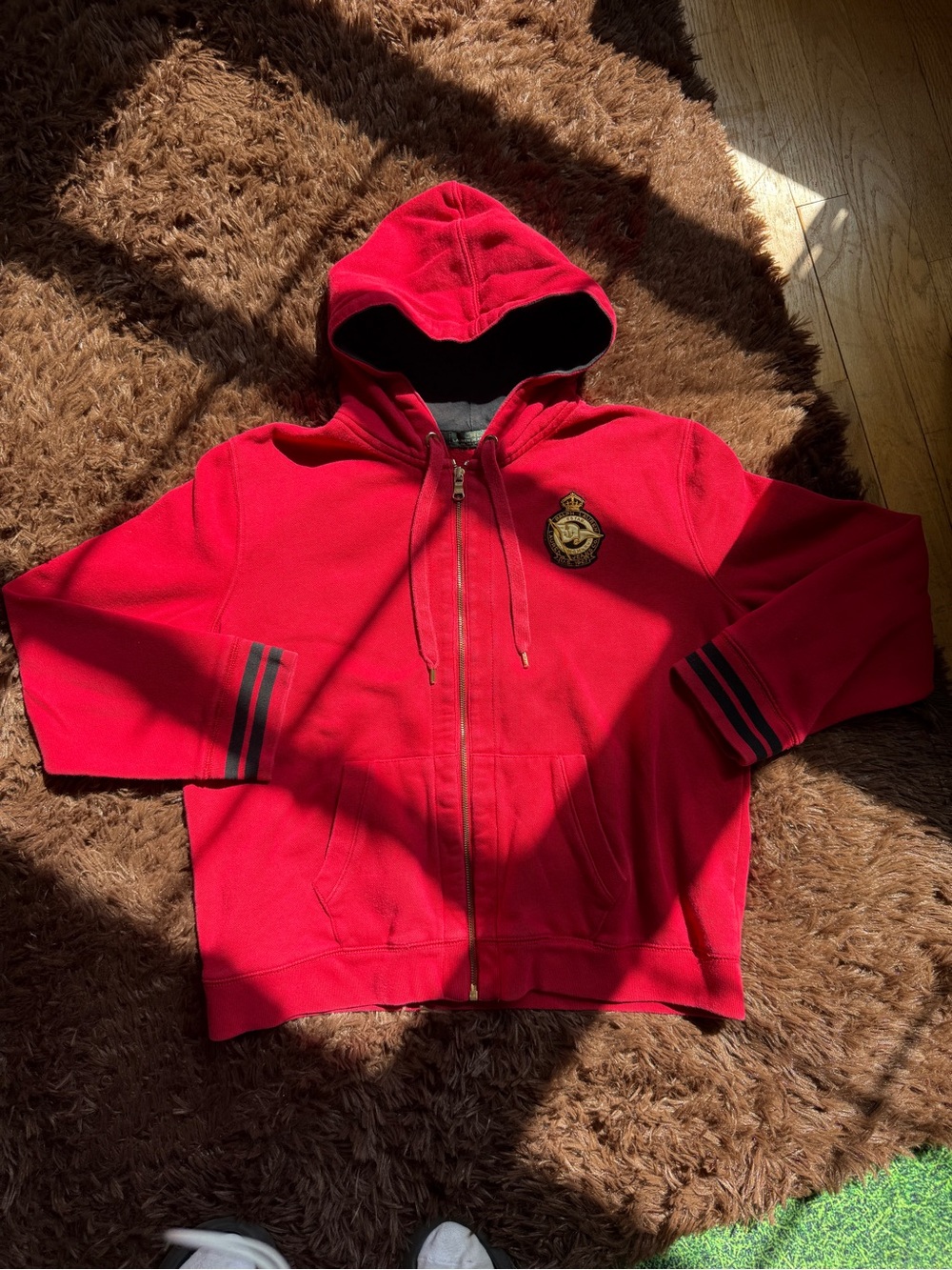 Lauren Jeans Co Ralph Lauren Womens Red Crest Full Zip Hoodie Striped Cuffs